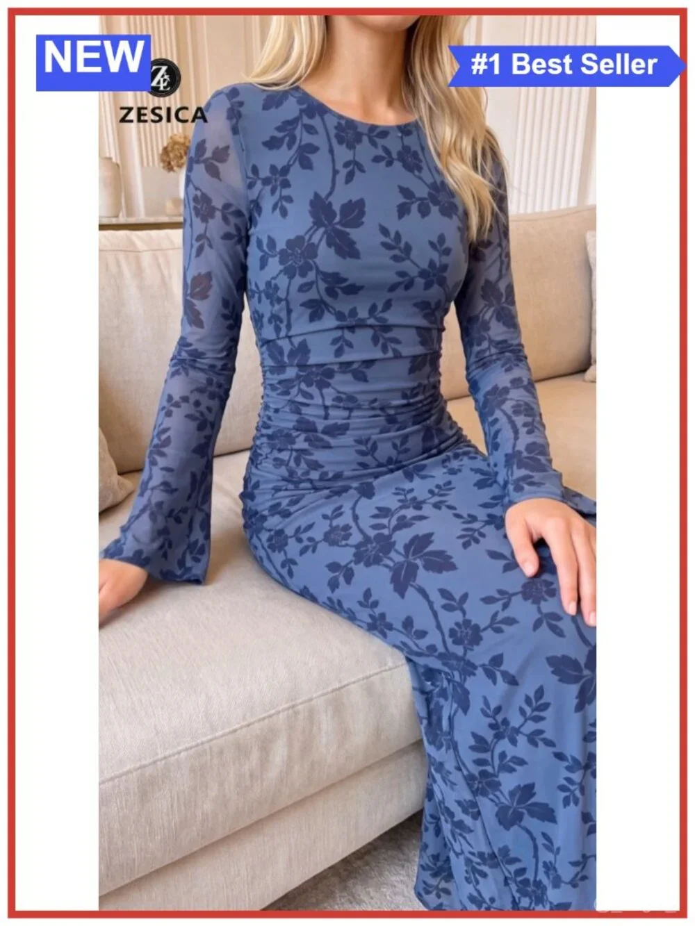 Long Sleeve Floral Bodycon Ruched Mesh Maxi Dress Formal